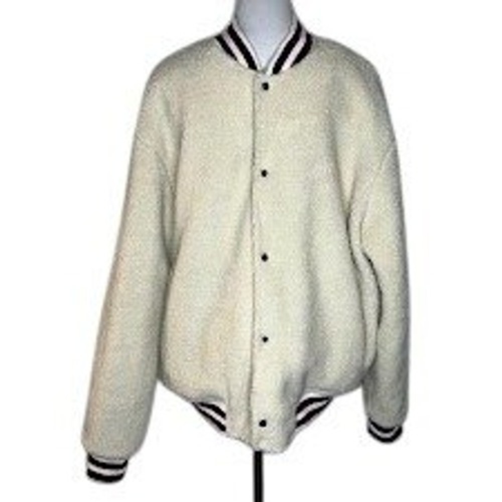 Urban Outfitters Mens Cream Sherpa Varsity Bomber Jacket Striped Rib Trim XL